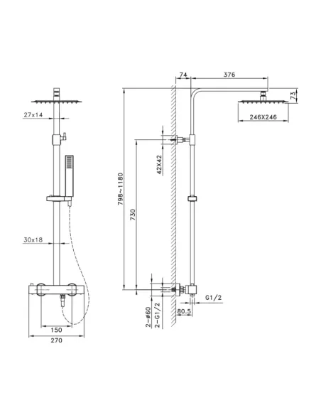 Colonne de douche thermostatique QUADRA ELITE GME | Tête carrée 25 × 25 cm