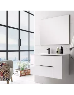 Meuble Vasque Duo 120cm Blanc Laqué – 2 Tiroirs porte miroir LED