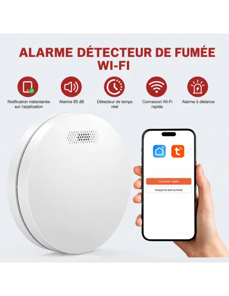 Détecteur de fumée Wi‑Fi Tuya Smart Life | Batterie 10 ans, norme EN 14604