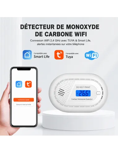 Détecteur CO Wi‑Fi Tuya Smart Life | Batterie 10 ans, norme EN 50291