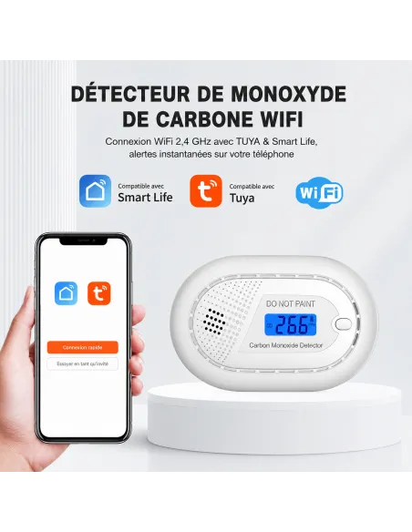 Détecteur CO Wi‑Fi Tuya Smart Life | Batterie 10 ans, norme EN 50291