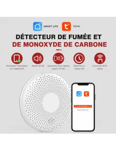 Détecteur fumée et CO Wi‑Fi Tuya Smart Life | Batterie 10 ans, EN 14604 et EN 50291
