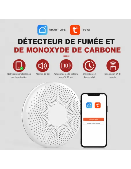 Détecteur fumée et CO Wi‑Fi Tuya Smart Life | Batterie 10 ans, EN 14604 et EN 50291