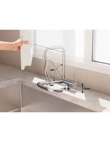 Mitigeur de cuisine rabattable Alexia Chrome | Bec pivotant 360°, ouverture à froid