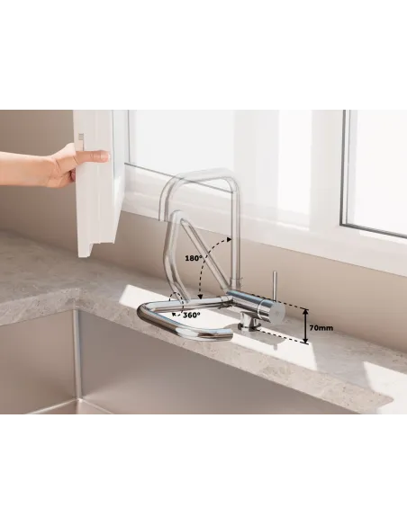 Mitigeur de cuisine rabattable Alexia Chrome | Bec pivotant 360°, ouverture à froid